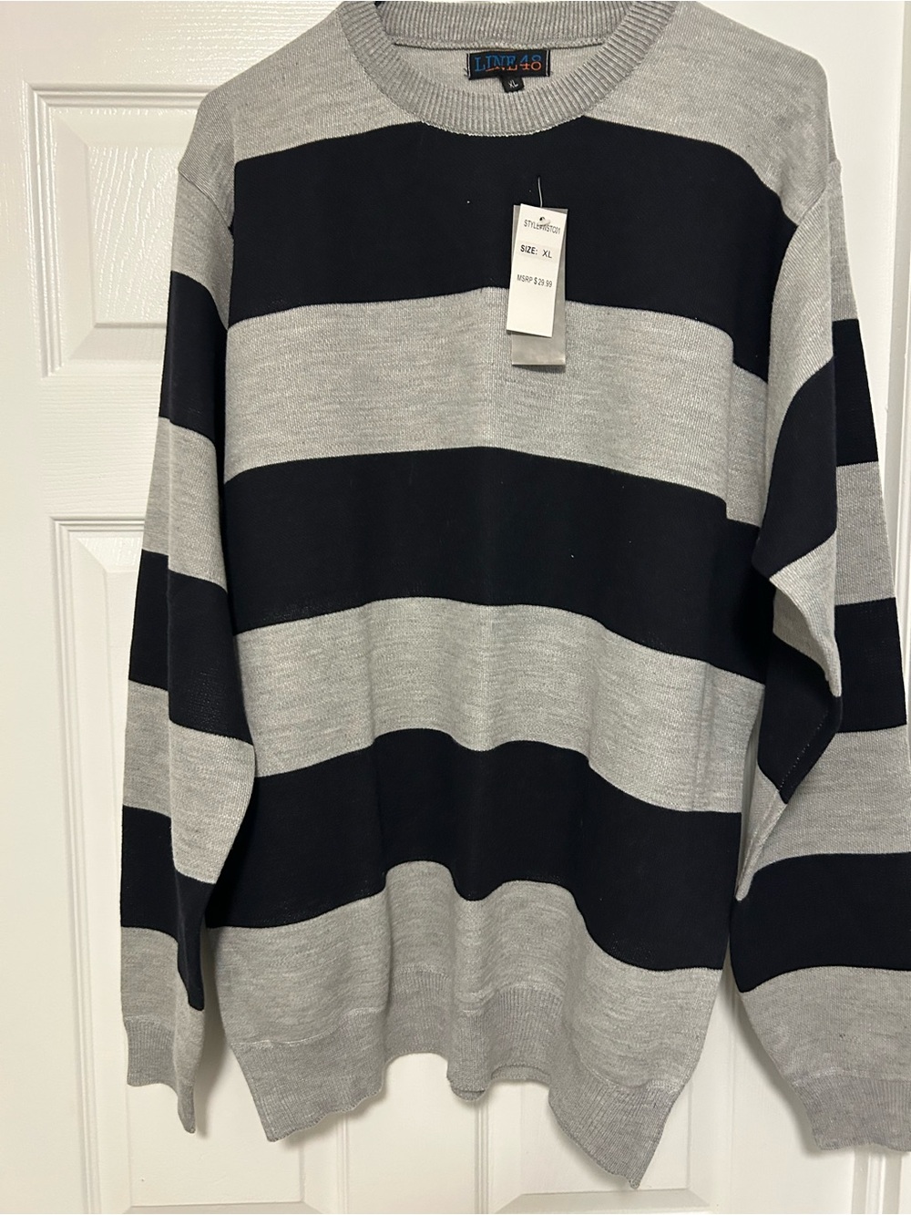 Men's XL Gray & Black Striped Sweater Line 48 polyester 100 percent New / Tag